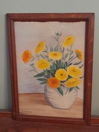 H Harrison Signed Water Color- Yellow Flowers In A Vase