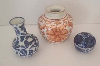 Miniature Asian Vases And Bowl With Lid