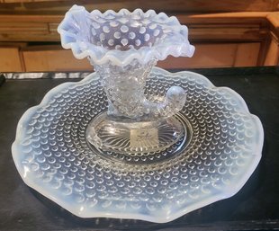 Vintage Anchor Hocking Moonstone Hobnail Opalescent Sandwich Platter And Cornucopia Candy Dish