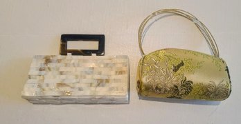 Vintage Abalone Shell Clutch Paired With Green Asian Purse