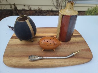 Wood Platter, Black Tea Holder & Diffuser Paired With Toothpick Holder And Ceramic Jug