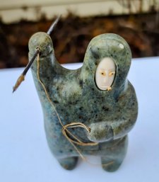 Vintage Inuit Soapstone Figurine Of Man Fishing Made Of Two Colored Stones Signed Levi Tetpon