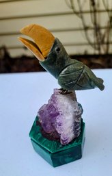 Miniature Green Quartz Bird Sitting On Amethyst Rocks On Malachite Trinket Box