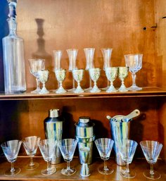 More Crystal, Cut Glass Decanter And Silver And Abalone Barware Set