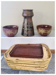 Thai Pottery Vase And Bowls Paired With 12 Vintage Wicker Trays