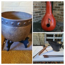 Vintage Black Coal Scuttle And Fireplace Shovel And Pikers Paired With Metal Log Holder And Wooden Bird Feeder