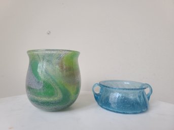 Exceptional Swirled Design Art Glass,  Possibly Ekenas? Definitely,Loetz Style Vase Paired With Aqua Bowl