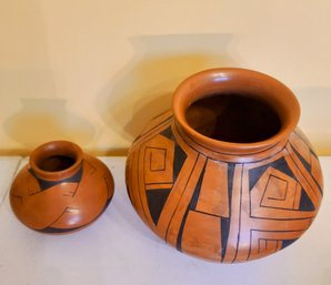 Two Incised Geometric Mexican Folk Art Pottery Bowl From Mata Ortiz, Signed Miguel Lopez.