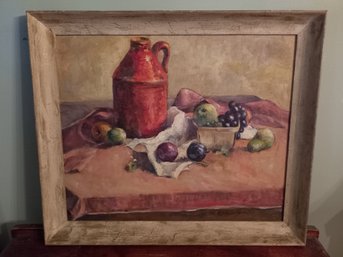 Signed Oil On Board Fruit And Pottery Jug Still Life