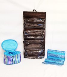 Lot Of Hanging Travel Organizer & Folding Pocket Organizer And Round Makeup Bag