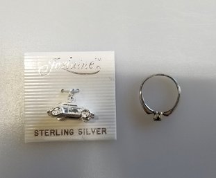 Vintage Sterling Silver Small Gemstone Ring And Automobile Pendant