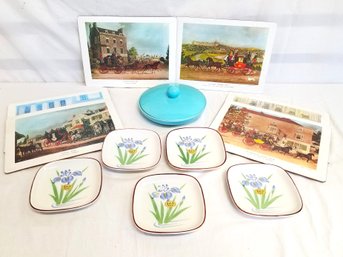 Set Of Vintage Victorian Era Placemats, Japanese Iris Small Square Plates & Round 8' Plate With Lid