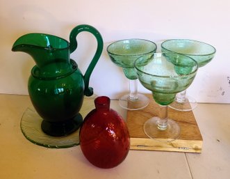 Red MoMa Glass Bottle &MMA Emerald Green Glass Pitcher From Portugal W/ Margaritta Glasses Plus