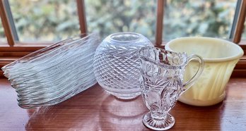 Vintage Milk Glass Round Bowl Paired With Glass Vase, Pitcher And Eight Corn On The Cob Plates