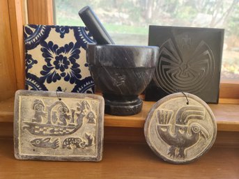 Grouping Of Mexican Tiles And  Plaques, Mortar And Pestle