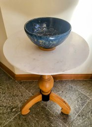 MCM White Marble Top Wooden Table With Signed Blue Ceramic Pottery Bowl, Signed