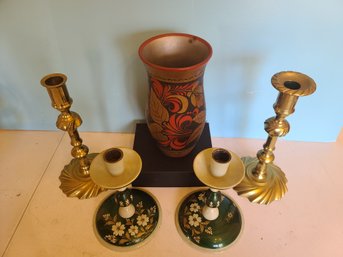 Brass Candlesticks And Floral Candlesticks Paired With Russian Vase