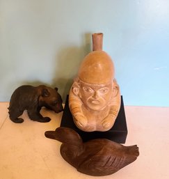 South American Pottery Paired With Carved Duck And Bear
