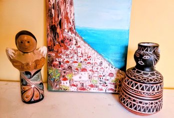 South American Pottery Figurines Paired With Painting On Canvas