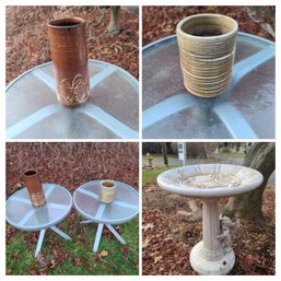 Faux Stone Birdbath (Made Of Resin) 2 Outdoor Tables And Handspun Pottery