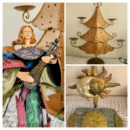 Grouping Of Metal Crafted Art Includes Christmas Tree Moon Faces With Marble And Brass Serving Piece