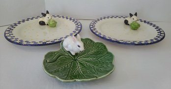 Two Handpainted Plates By Cali And One Small Plate By    All With Bunnies