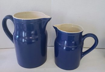 Two Vintage Degoin Grespots Blue Pitchers Made In France 7' X 4' 9' X 5'  #2 And # 4  (Rare)