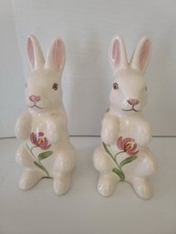 Pair Of Hand Painted Ceramic Bunny Figurines