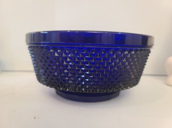 Large Cobalt Blue Bowl With Diamond Cut Hobnail Exterior With Smooth Bottom.