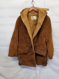 Vintage Lakeland Winter Coat Hooded Brown Leather Suede Sherpa Coat Jacket  42