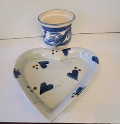 Pretty Blue And White Pottery Cup And Heart Plate