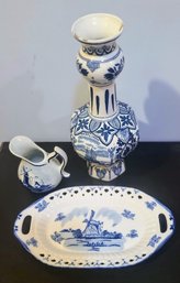 Vintage Delft Vase, Creamer And Platter