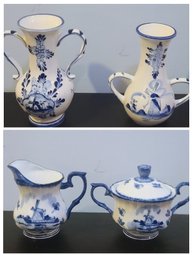 Vintage  Delft Vases Paired With Sugar And Creamer In Delft Style