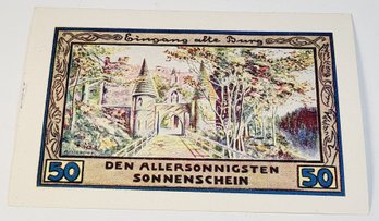 Antique.... 1920s Notgeld  50 PF Bank Note German German For 'emergency Money' UNC Condition