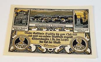 Antique.... 1920s Notgeld  2 MK Bank Note German German For 'emergency Money' UNC Condition