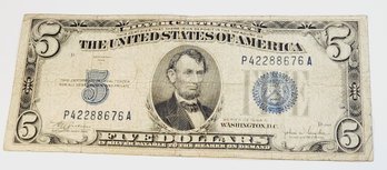 W0W......1934 Blue Seal Silver Certificate $5 Dollar Bill