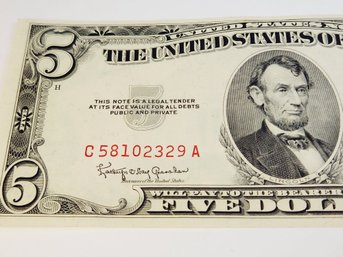 $5 Red Seal Certificate 1953 Crispy Bill Note