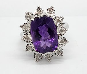 Purple Amethyst, Round White Diamond, Rhodium Over Sterling Ring