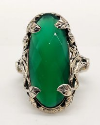 Elongated Green Onyx Ring In Sterling