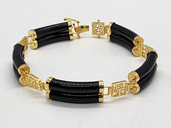 Black Jade, 2 Layers Of Cylindrical Tubes Bracelet In 14k Yellow Gold Over Sterling