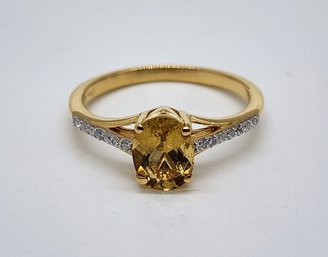 Premium Brazilian Heliodor, Moissanite Ring In Yellow Gold Over Sterling