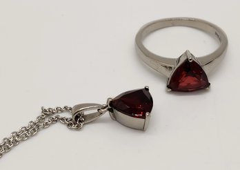 Garnet Ring & Pendant Necklace In Stainless