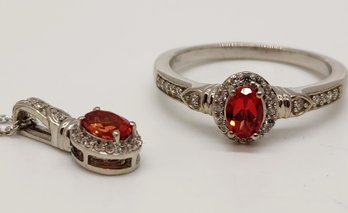 Padparadscha Sapphire, White Zircon Halo Ring & Pendant Necklace In Platinum Over Sterling