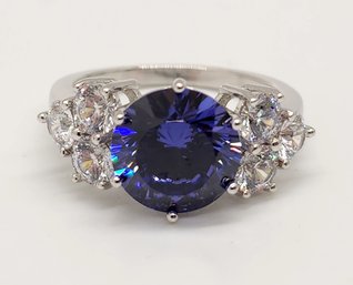 Premium Blue & White CZ, Rhodium Over Sterling Ring