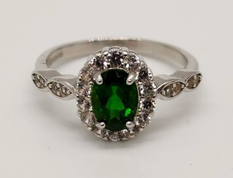 Green Chrome Diopside, White Zircon, Rhodium Over Sterling Ring