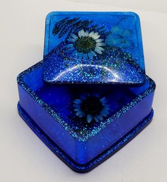 Blue Sparkling Resin Trinket Box With Flowers & Leaves