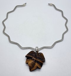 Yellow Tigers Eye Carved Leaf Pendant With Choker Necklace In Stainless