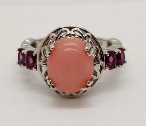 Premium Pink Opal, Rhodolite Garnet Ring In Platinum Over Sterling