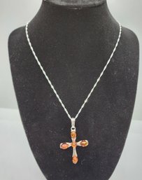 Baltic Amber Cross Pendant In Sterling With 20' Sterling Chain