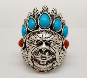 Sleeping Beauty Turquoise & Coral Chief Ring In Sterling